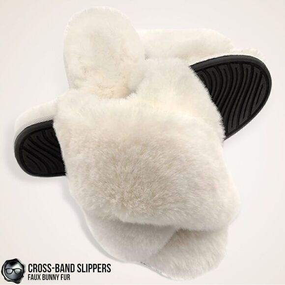 FUZZY FAUX BUNNY FUR CROSS BAND SLIPPERS IN IVORY NON-SLIP SIZE SMALL 5.5 - 6.5 - Picture 15 of 15